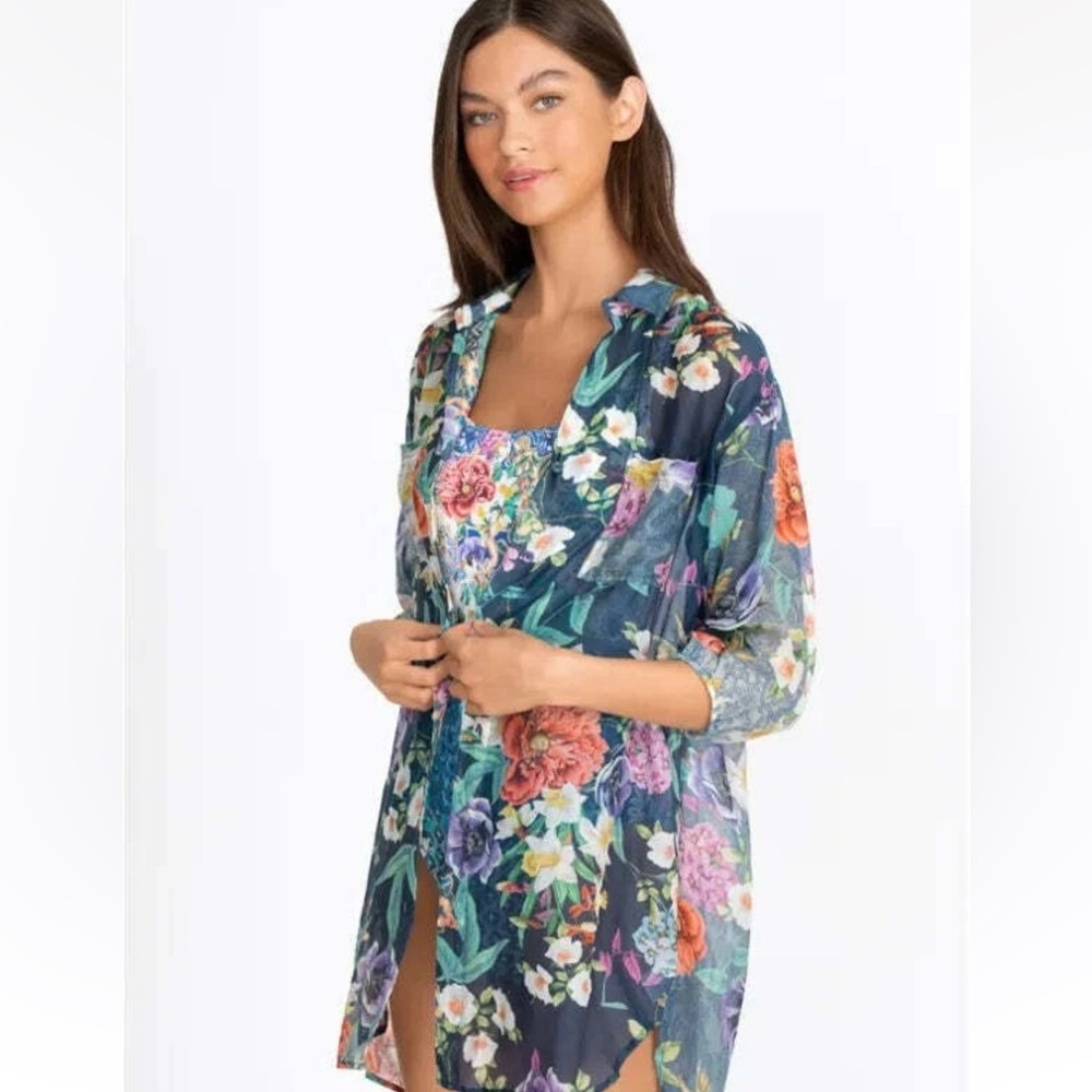 Johnny Was Paria Shirt Dress Floral Print Silk Blend Button Down Tunic Top 1X